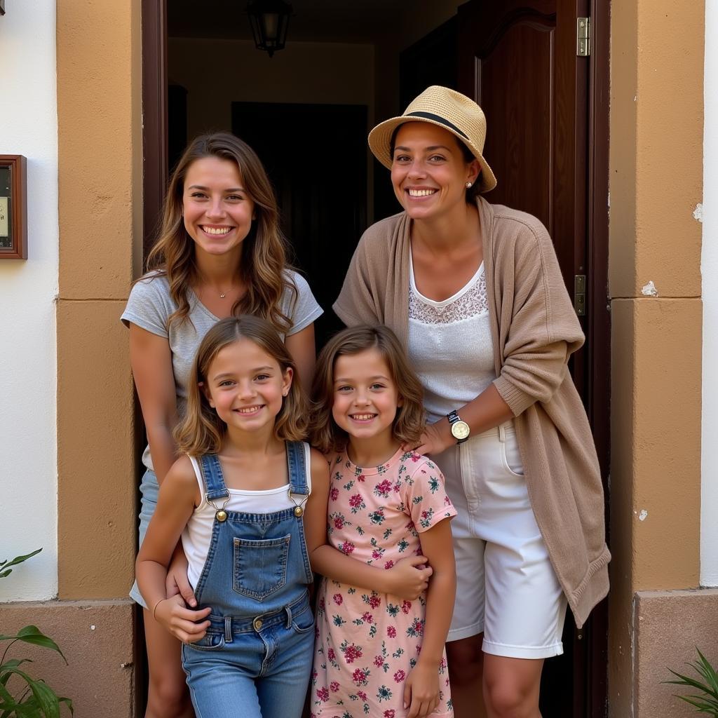 Smiling Spanish family welcoming guests into their home