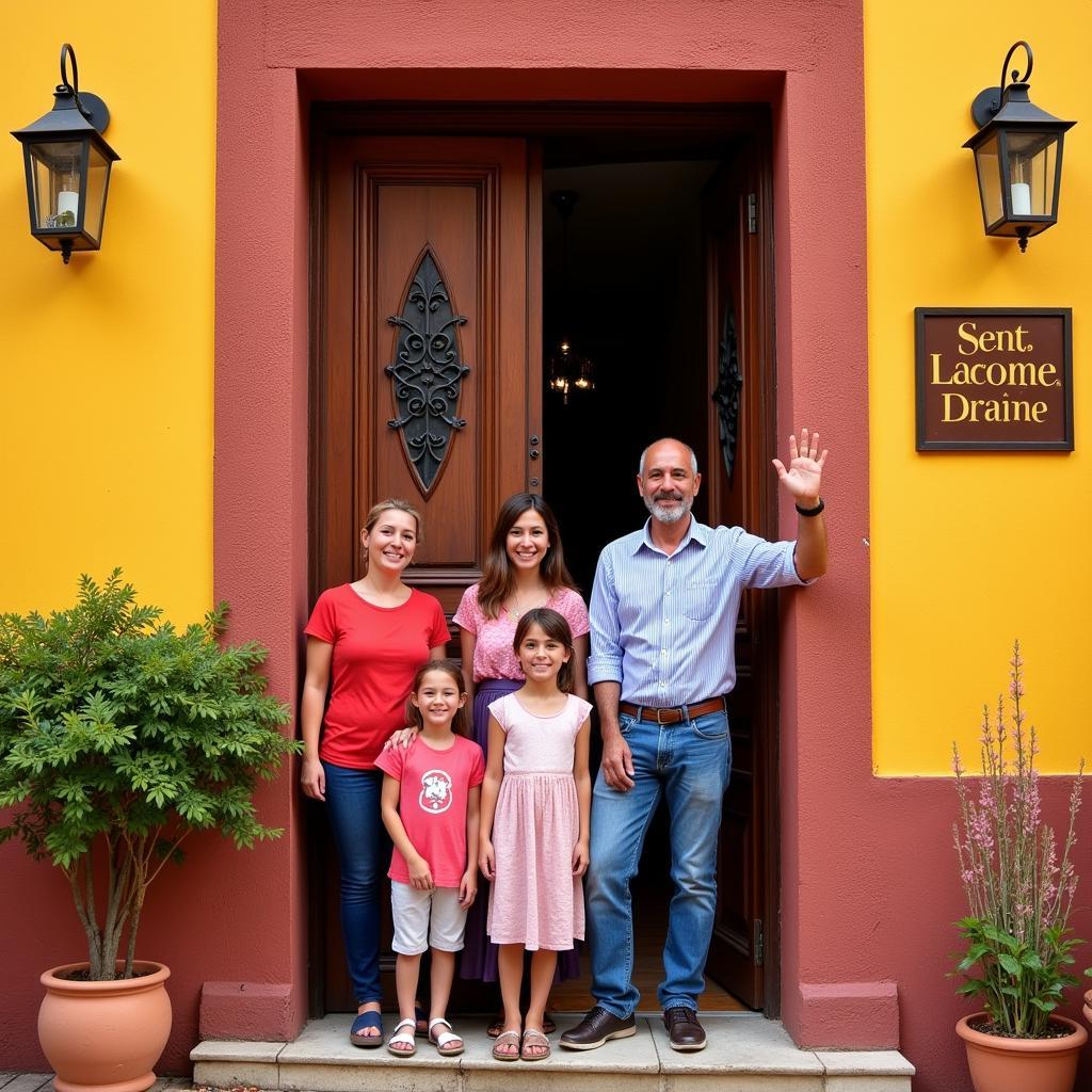 Smiling Spanish family welcoming guests to their traditional home