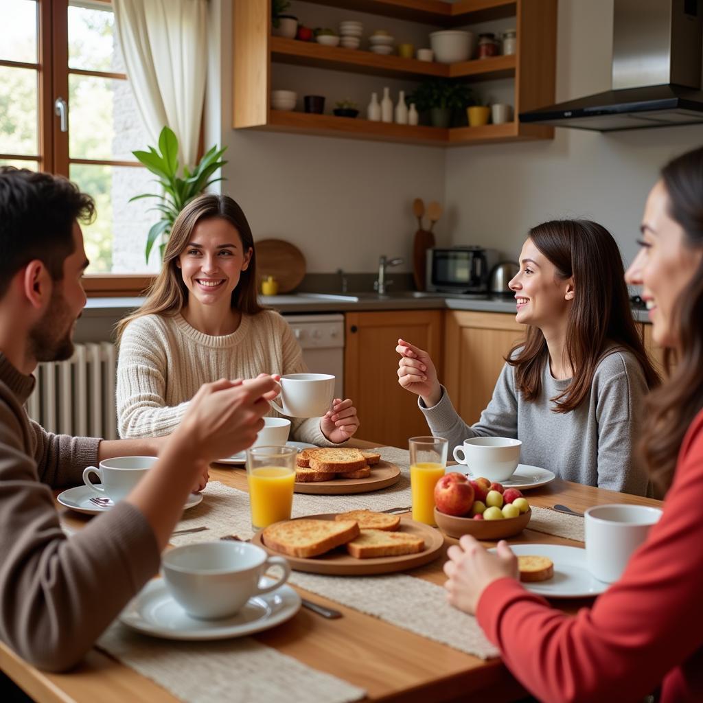 A Spanish family enjoying breakfast together in their cozy kitchen