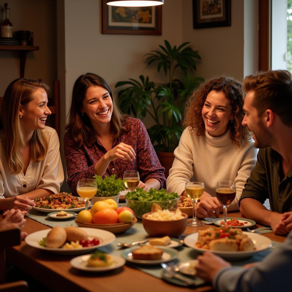 Family enjoying dinner together in a Spanish homestay