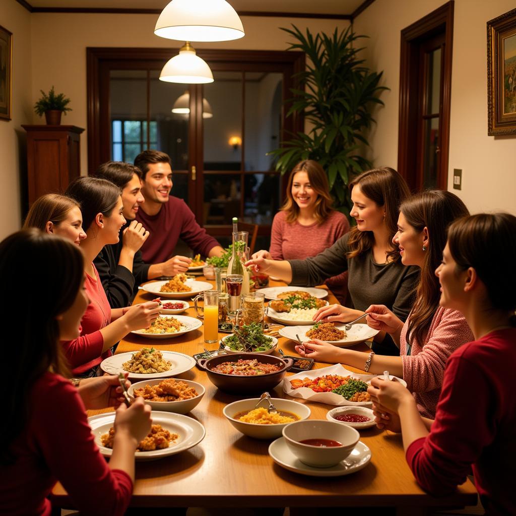 A lively family dinner in a Spanish homestay