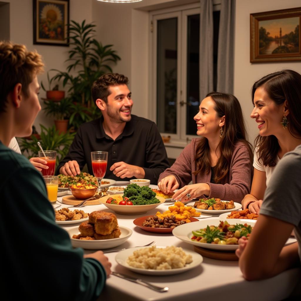 A group of people enjoying a lively dinner together in a Spanish home