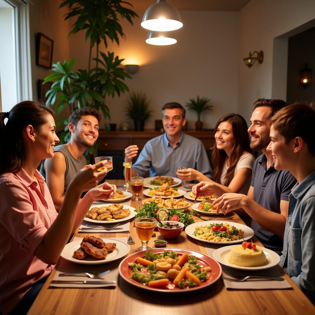 Guests sharing a traditional meal with their Spanish host family