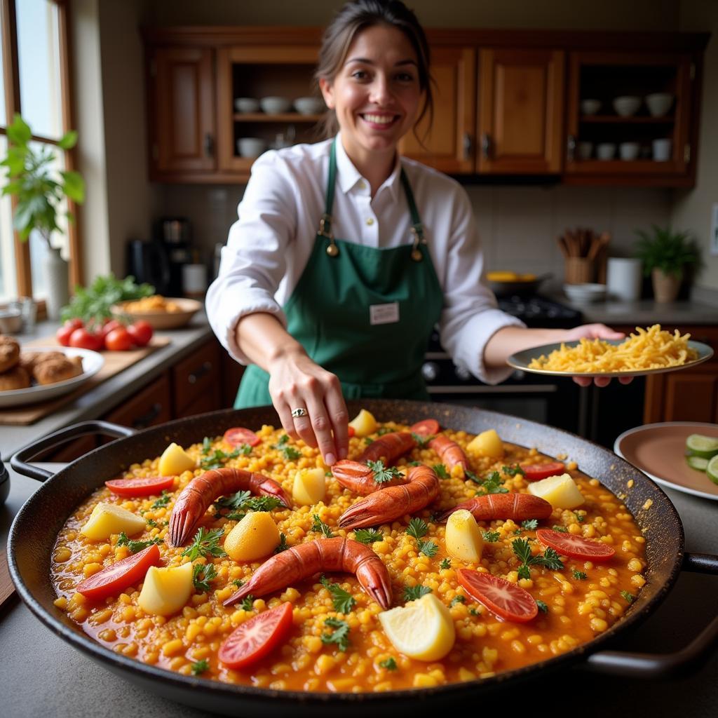 A friendly Spanish homestay host smiles warmly as they stir a pan of paella, vibrant with saffron and seafood.