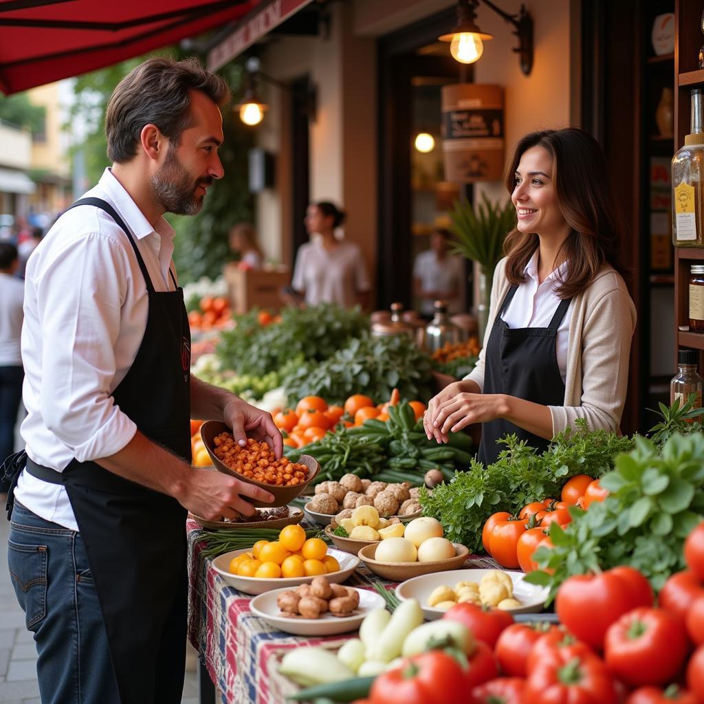 A Spanish host guides a guest through a bustling local market, introducing them to fresh produce and local delicacies