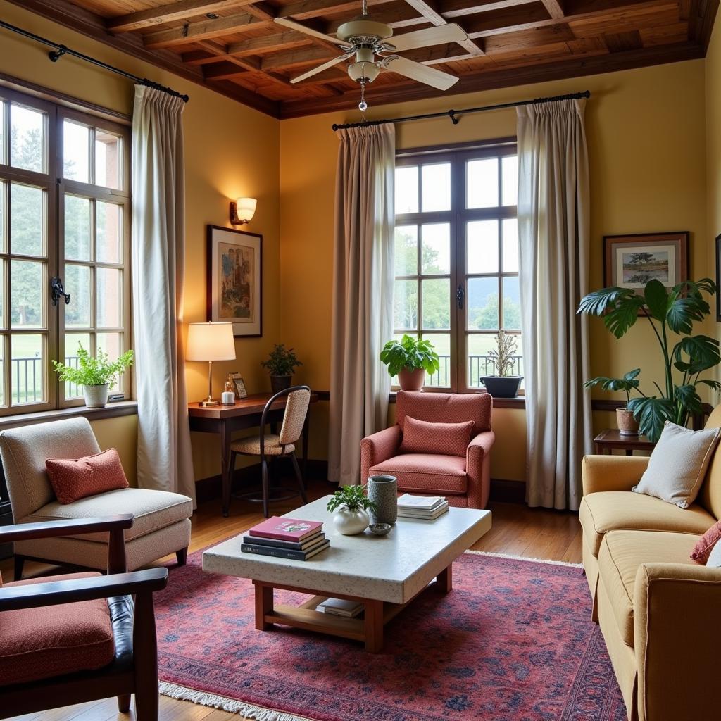 A cozy living room in a Spanish homestay, filled with natural light, comfortable furniture, and personal touches, inviting you to relax and feel at home.