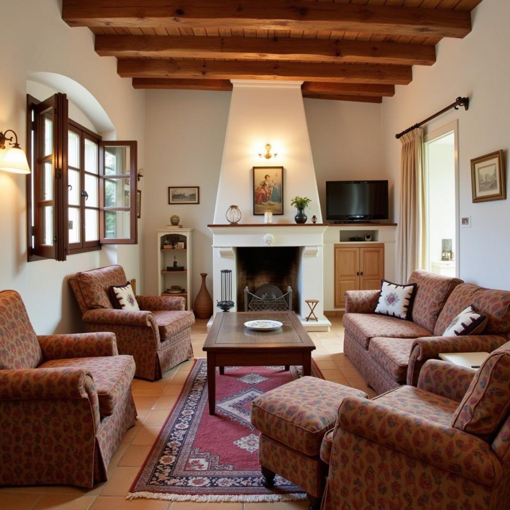 A cozy living room in a Spanish homestay with comfortable furniture and local decor