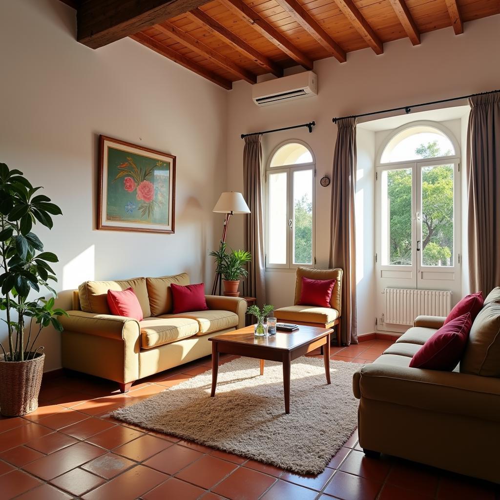 A cozy living room in a Spanish homestay, filled with natural light and personal touches