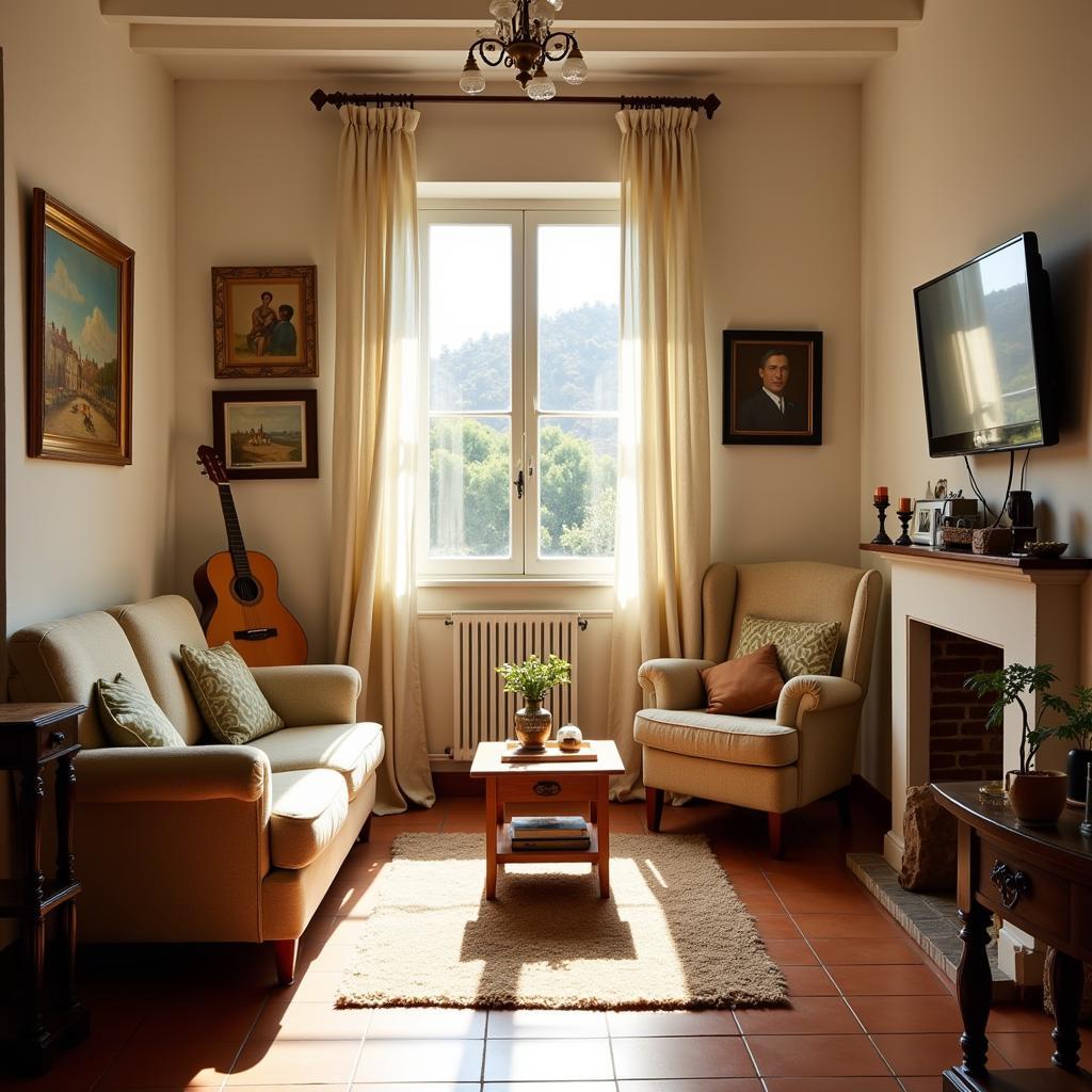 Cozy Spanish homestay living room with a guitar at Home 17