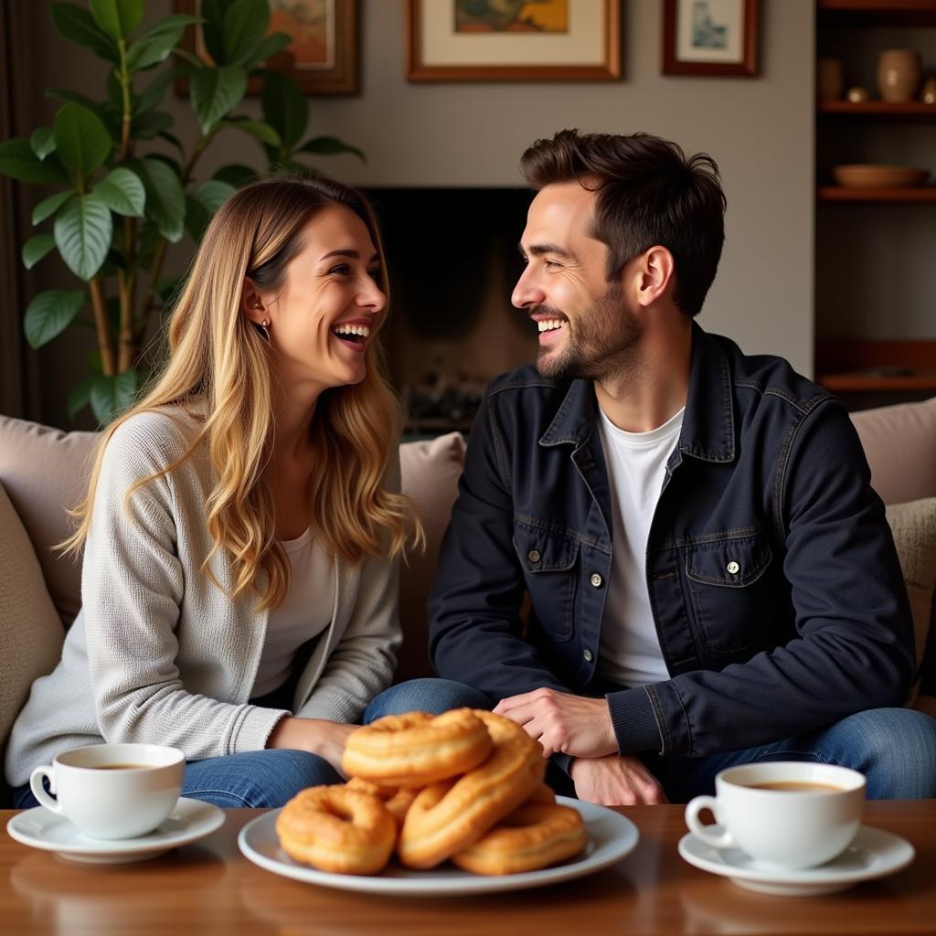 Homestay guest and host sharing a laugh