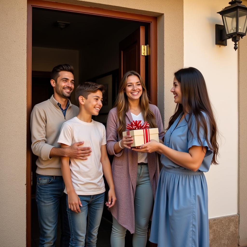 Smiling Spanish host family welcoming guest