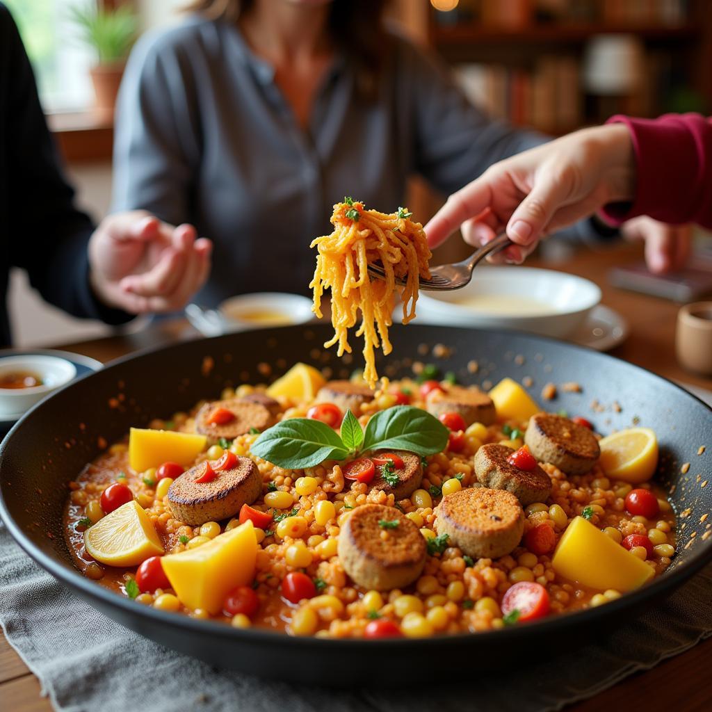 A Spanish host family shares a traditional paella dish with a guest in their home