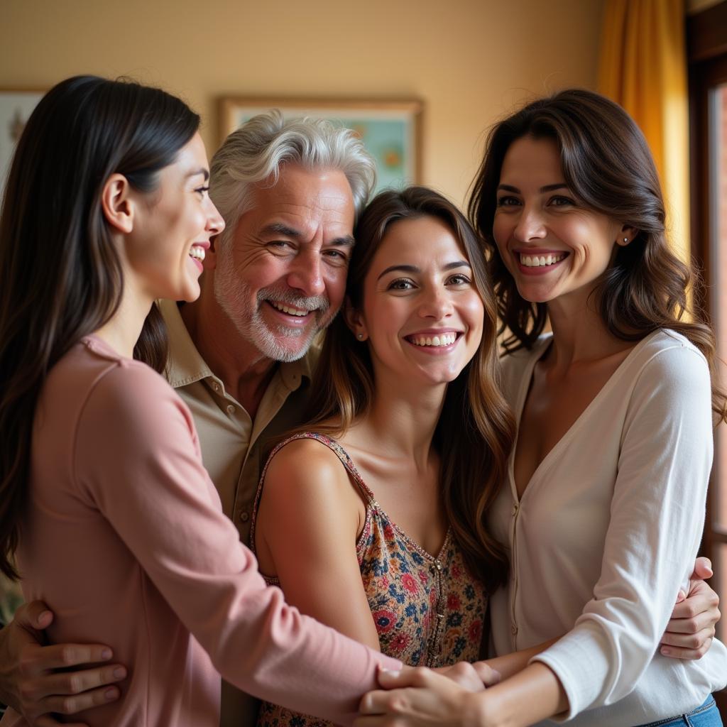 Spanish host family warmly greeting a guest at their doorstep