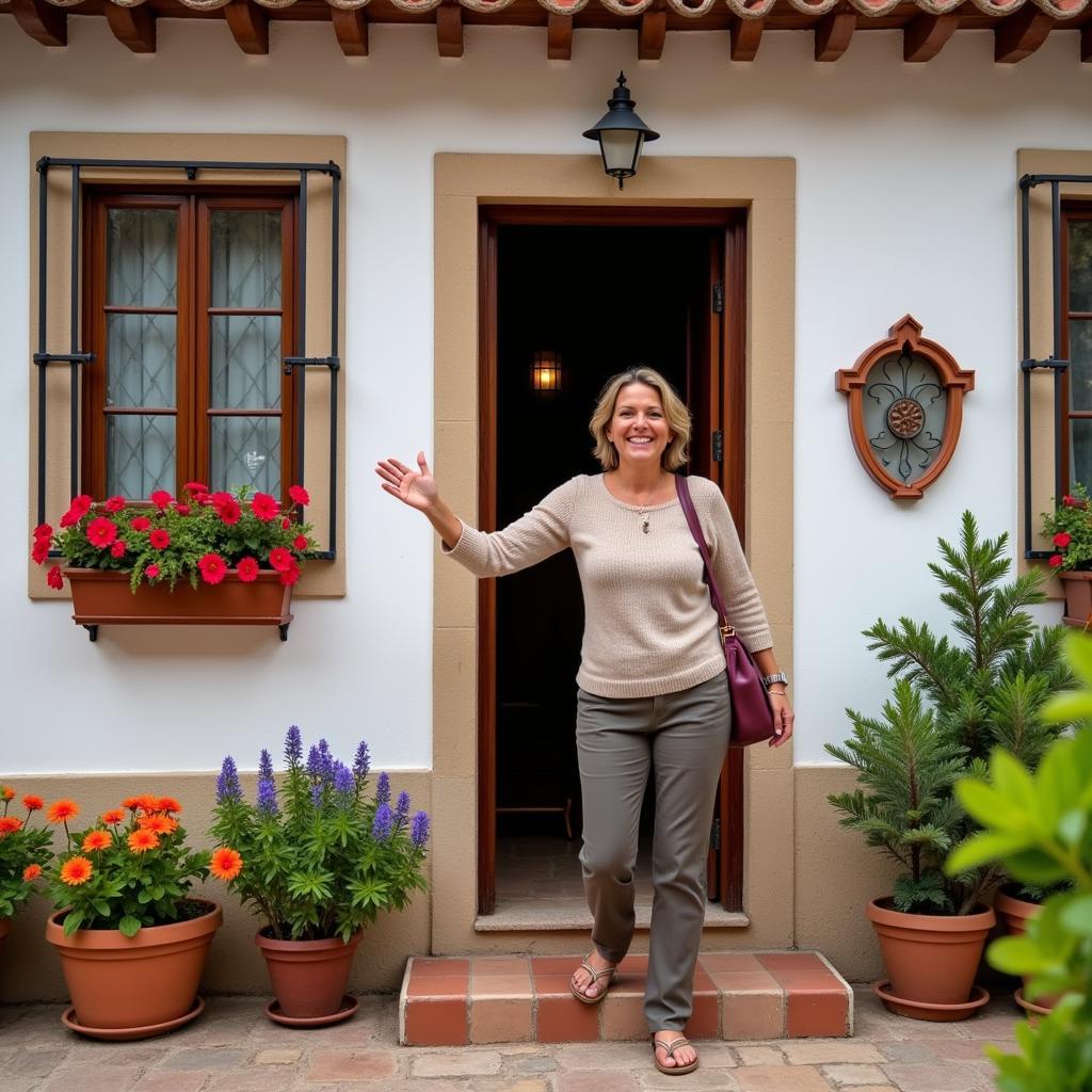 Spanish host greeting guests with smiles