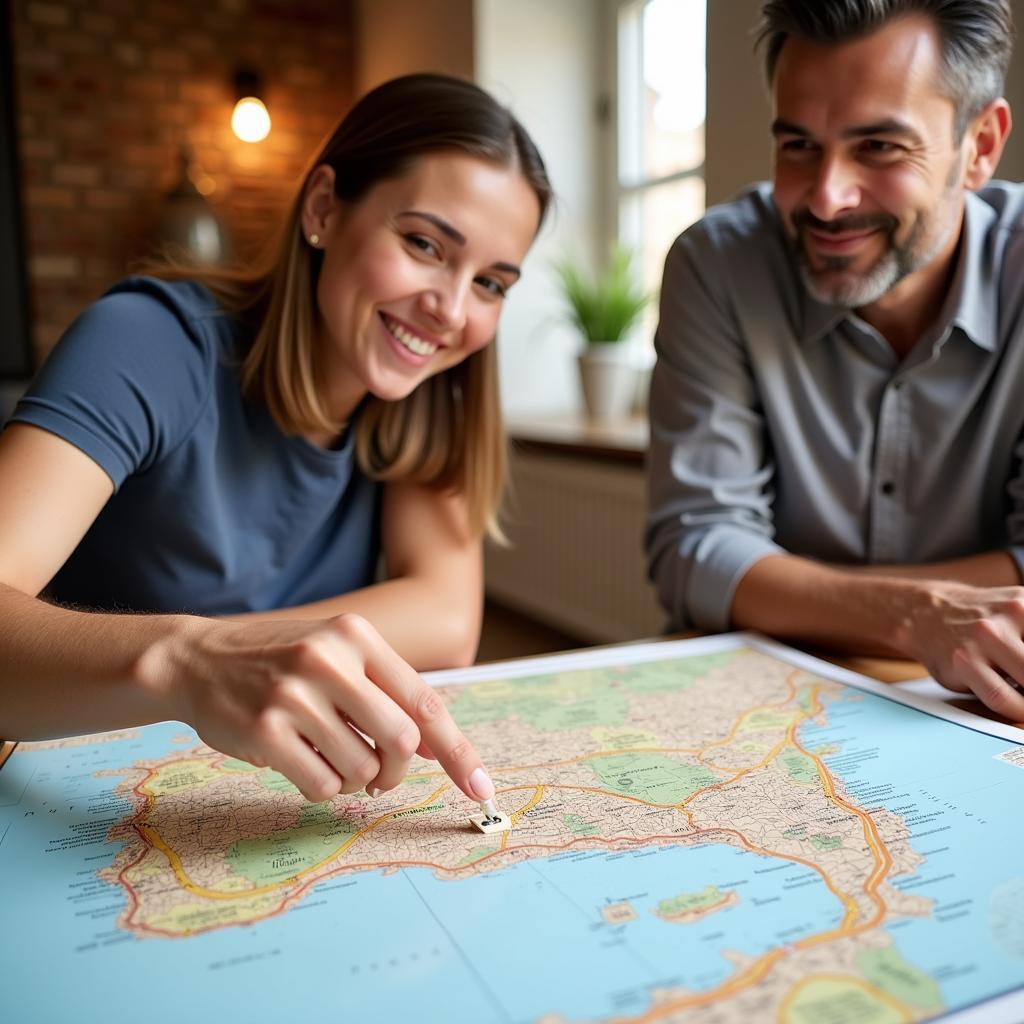 A friendly Spanish host provides directions to a guest using a map.