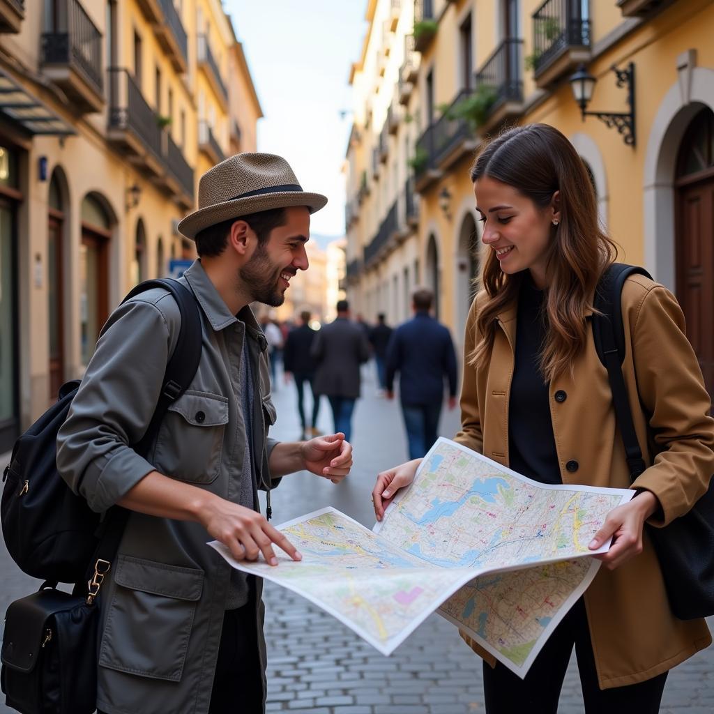 A Spanish host points to a location on a map, providing directions to their guest.