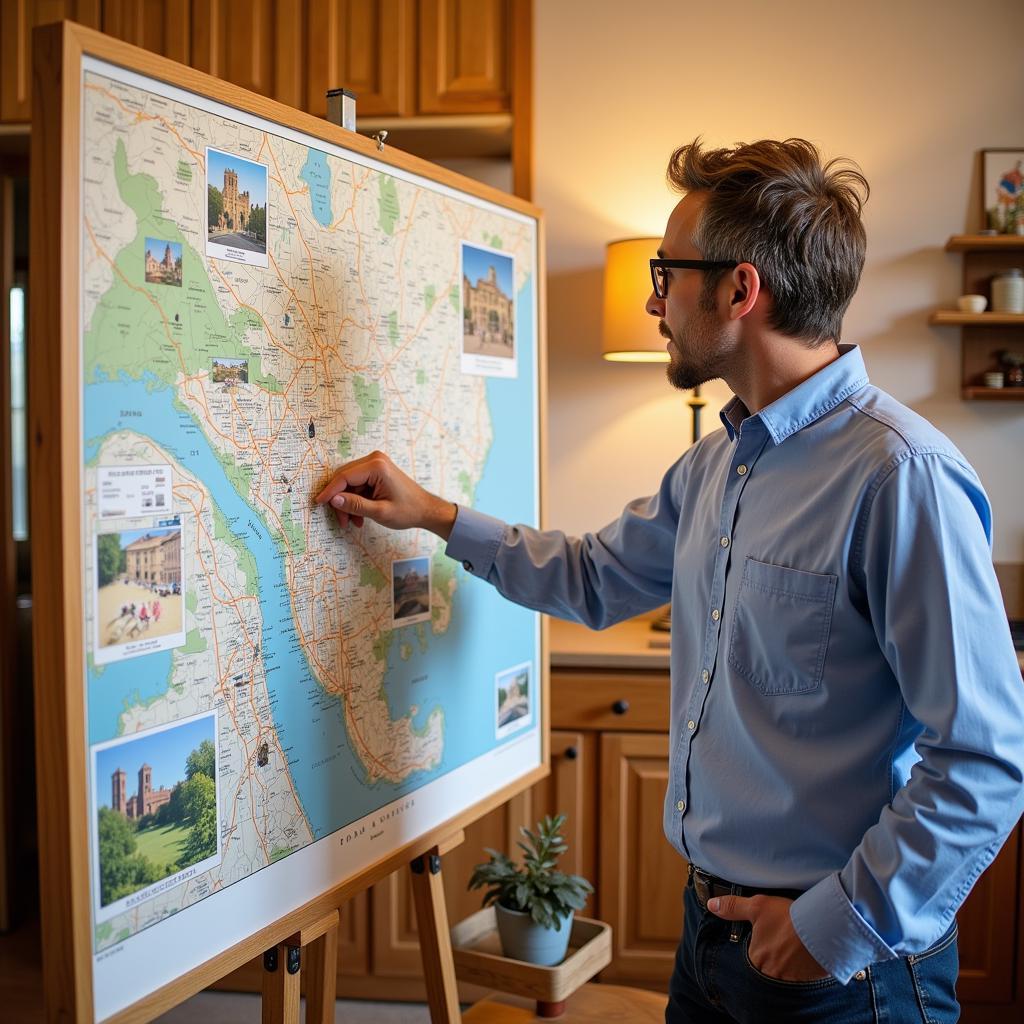 Spanish host showing a city map to a guest