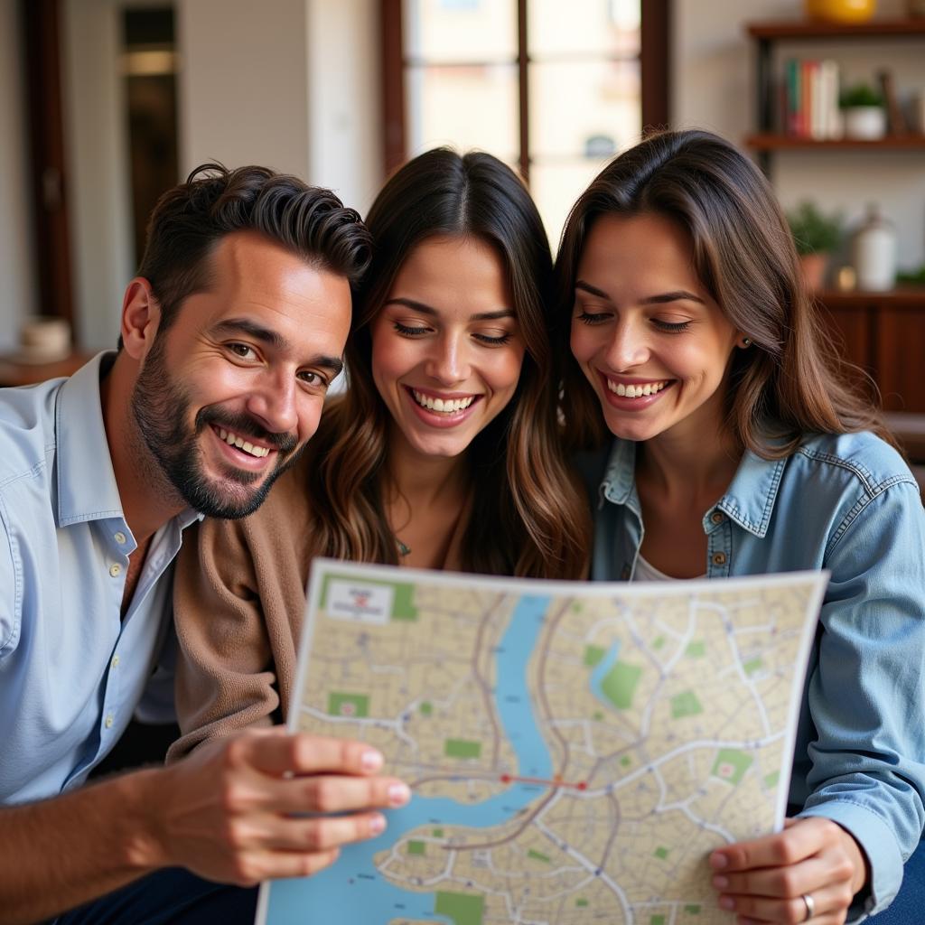 Host showing city map to guests