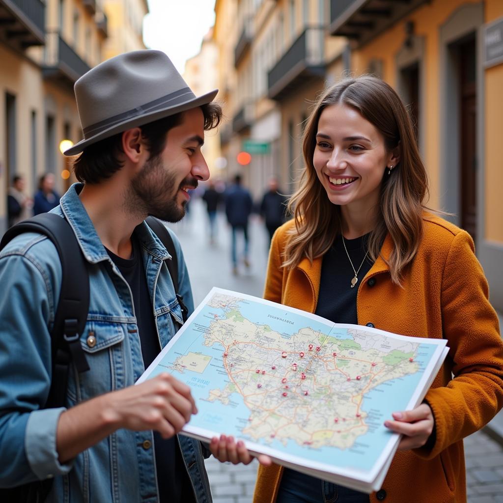 Spanish host showing city map to smiling traveler