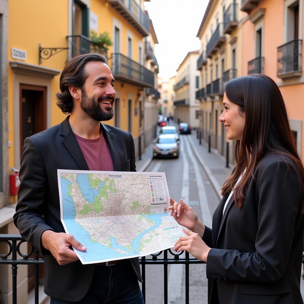 A Spanish host points to a city map while talking with a guest