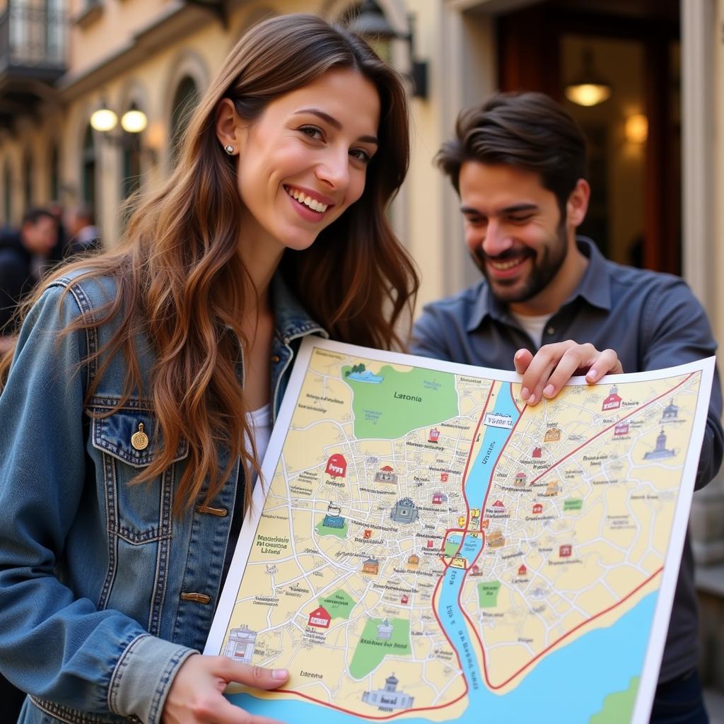 Spanish host showing a guest a city map with landmarks highlighted