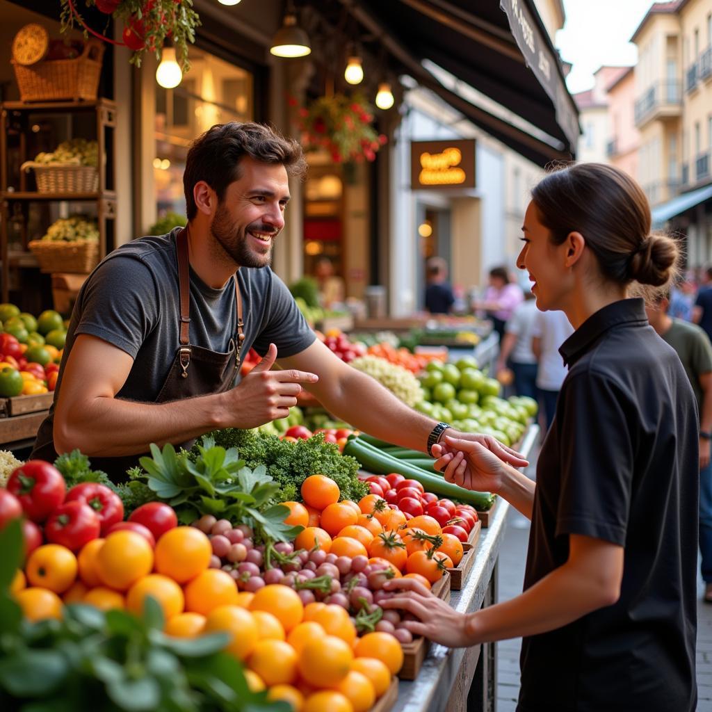 A friendly Spanish host showing a guest around a local market.