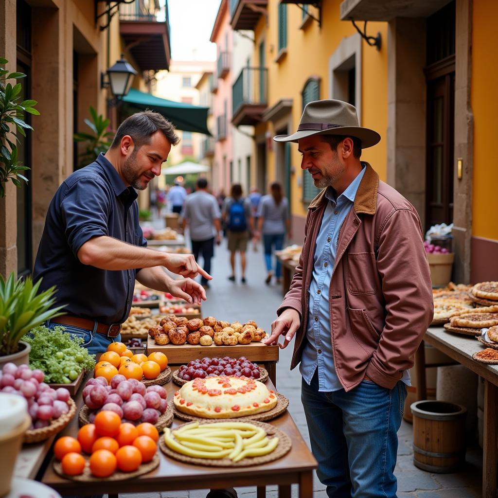 A Spanish host guiding a guest through a bustling local market