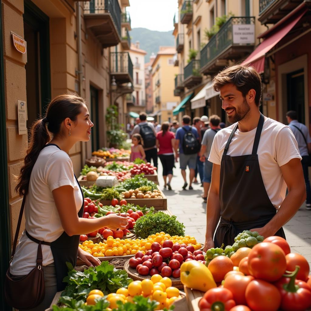 A Spanish host showing a guest around a bustling local market.