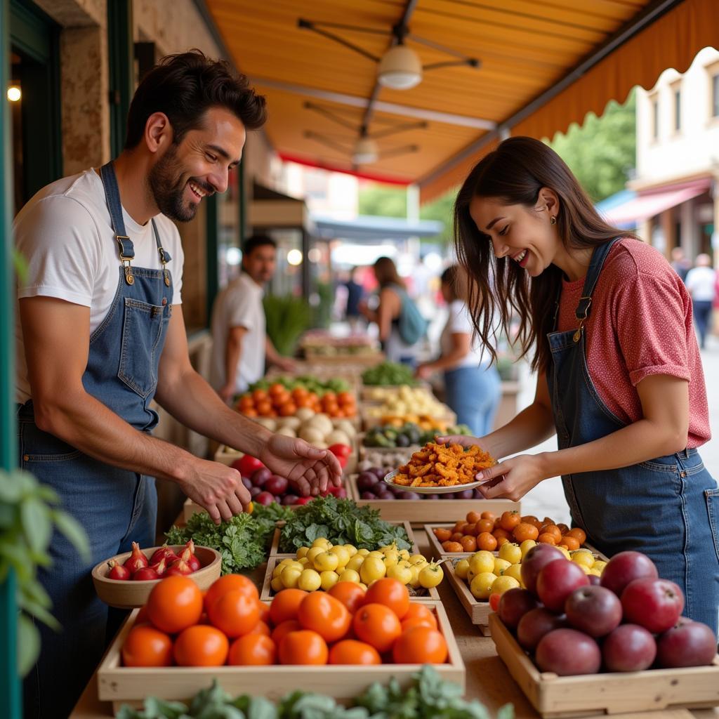 Host showing guest around a vibrant local market in Spain