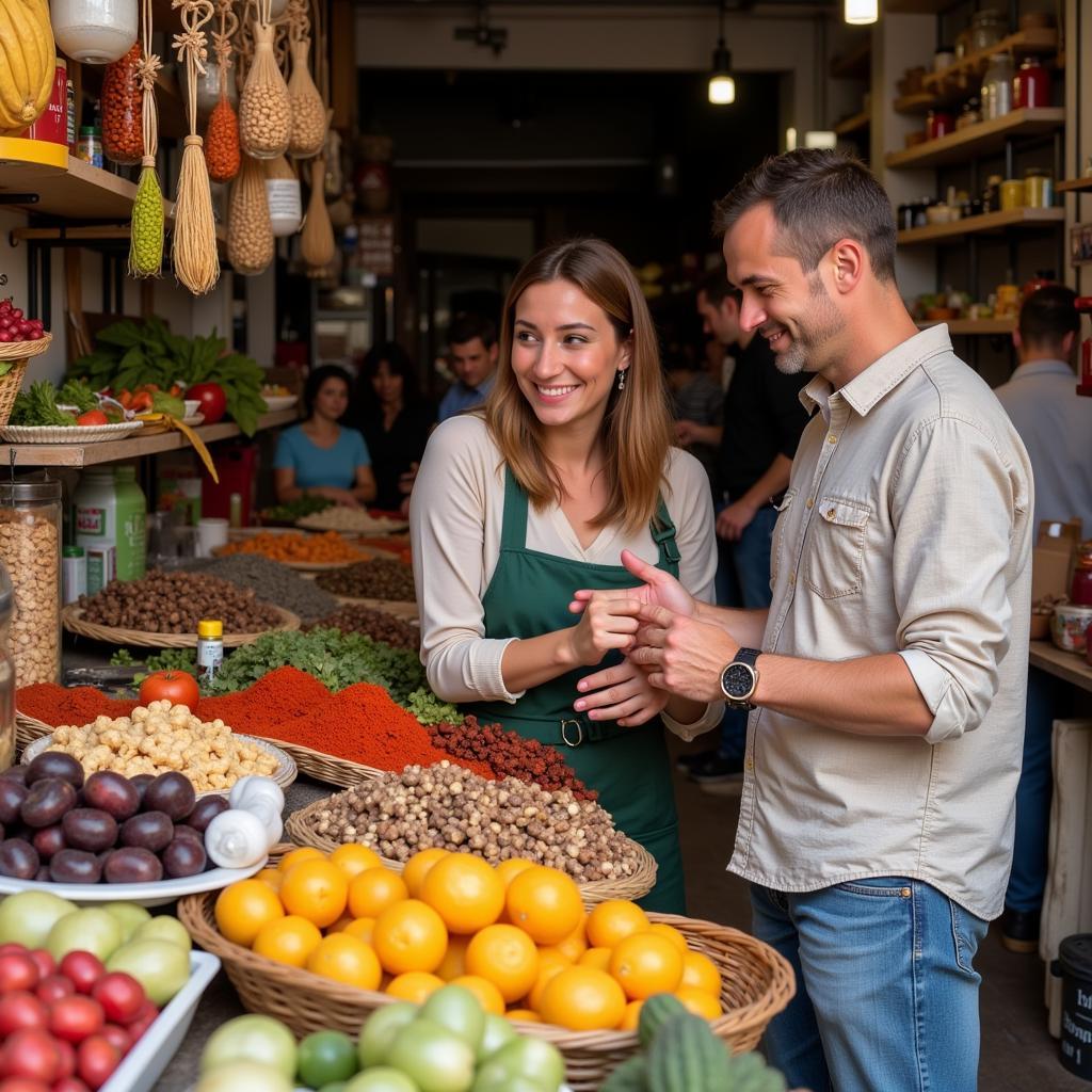 Spanish host introducing a guest to a vibrant local market