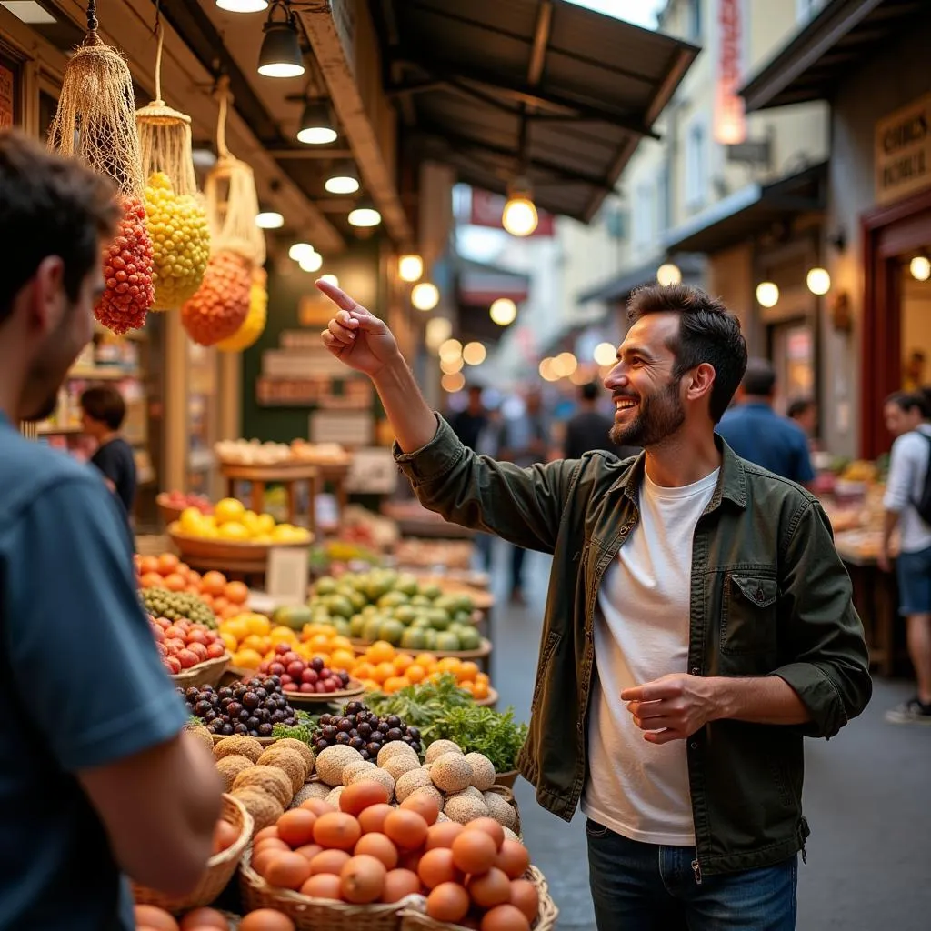 Spanish host showing guests around local market