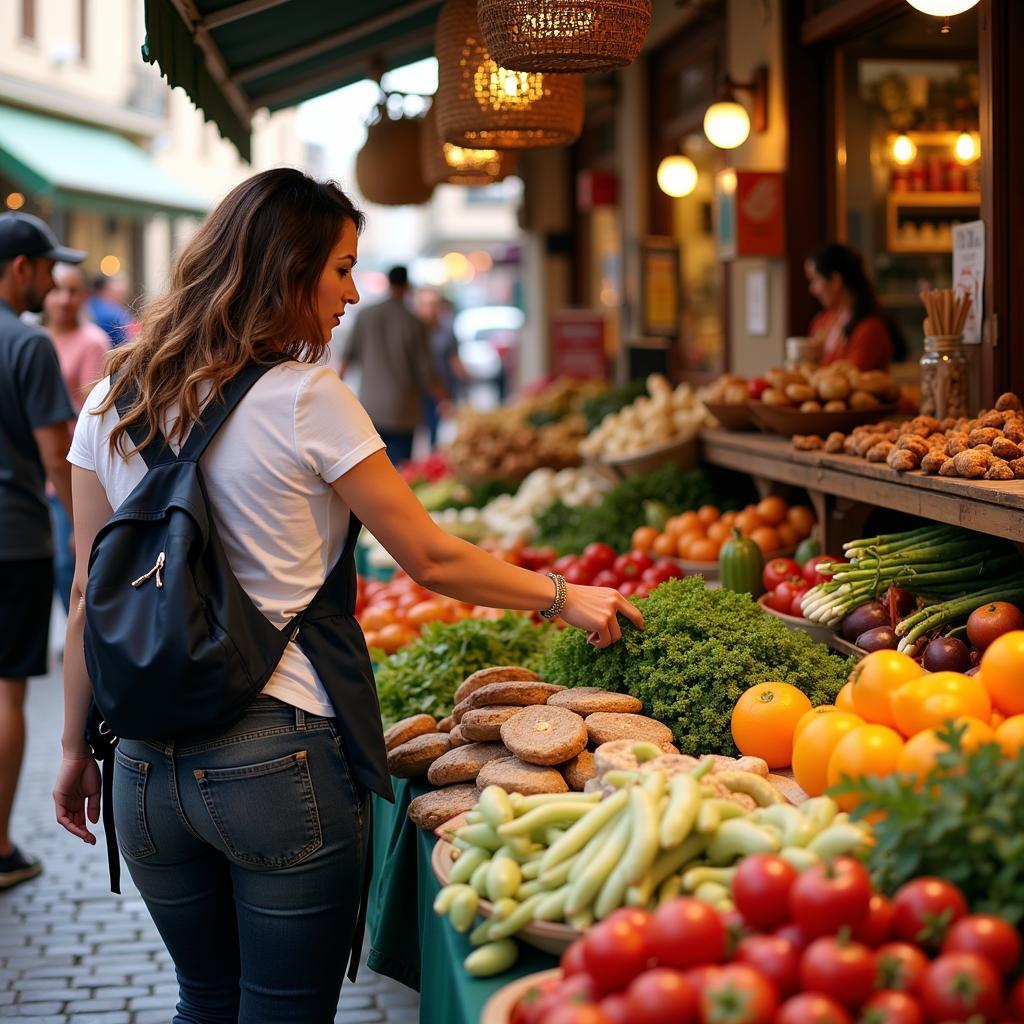 Host guiding guests through a bustling Spanish market