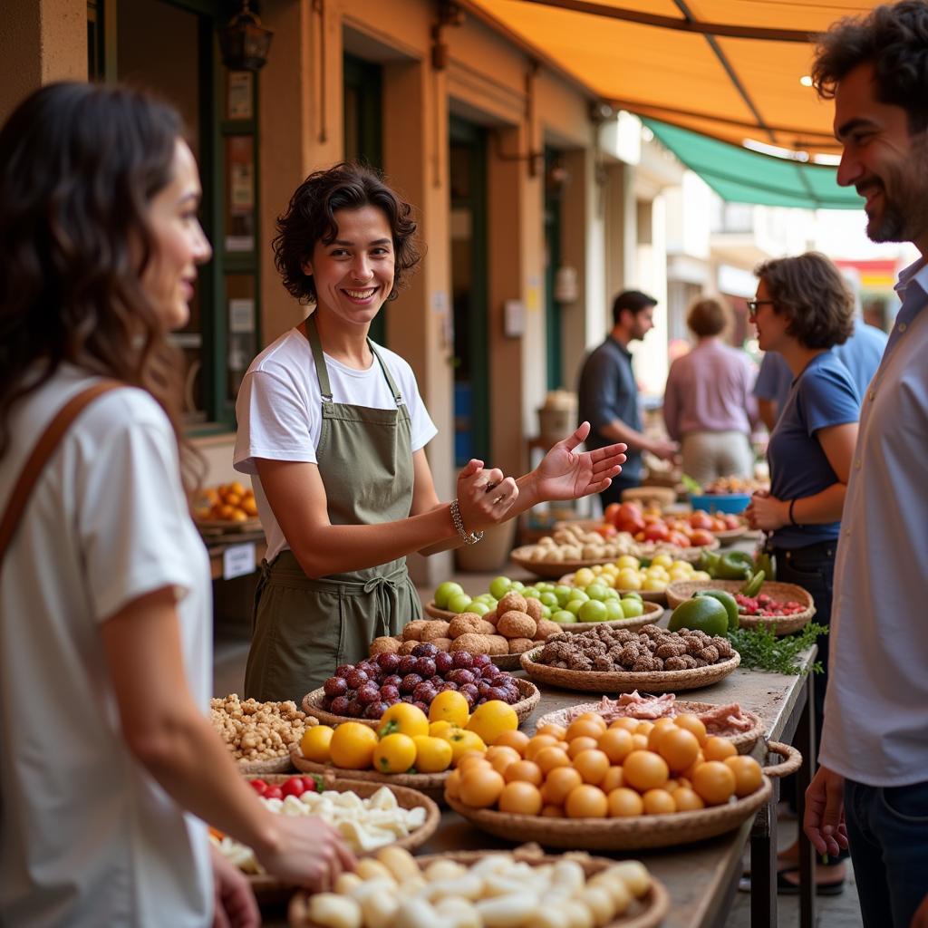 A friendly Spanish host showing the vibrant local market to two guests, pointing out different products with a smile.