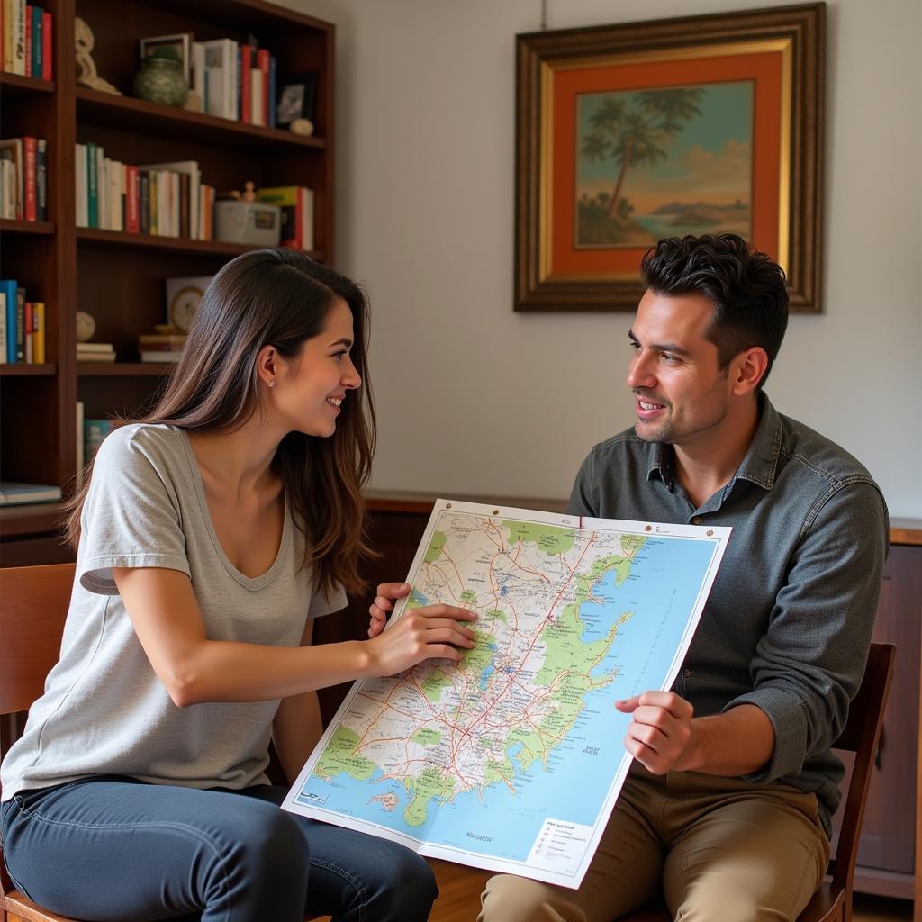 Local host pointing out points of interest on a map to a guest