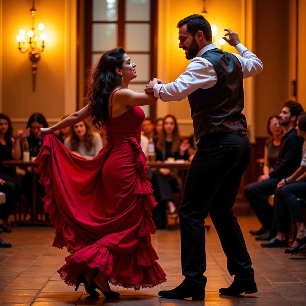 A Spanish host teaching a guest flamenco dancing