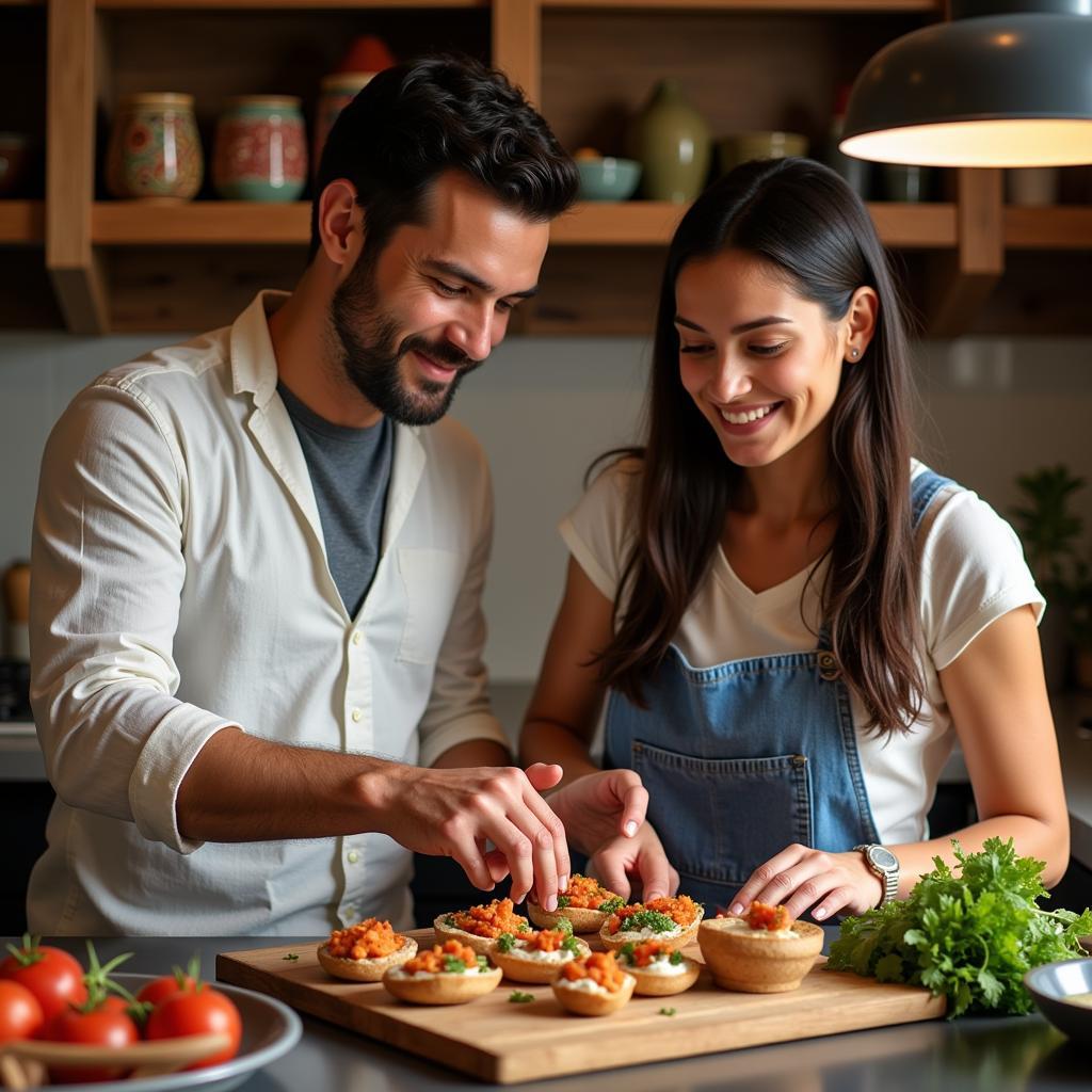 A Spanish Host Teaching a Guest to Make Tapas