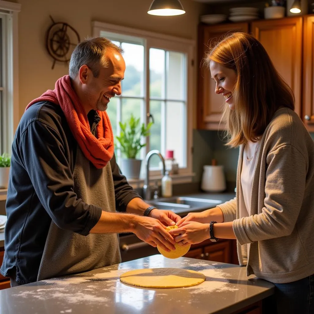 Spanish Host Teaching Guest to Make Tortilla