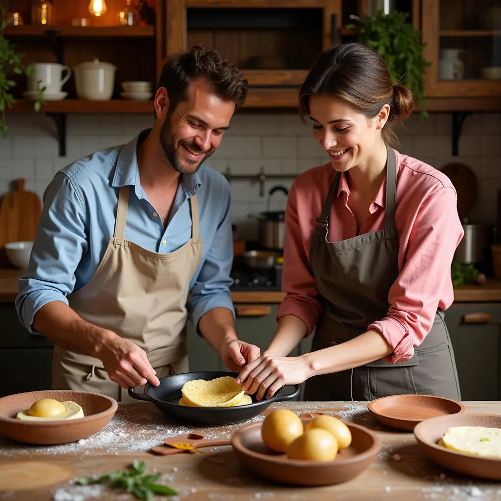 A Spanish host teaching a guest how to make a traditional Spanish tortilla