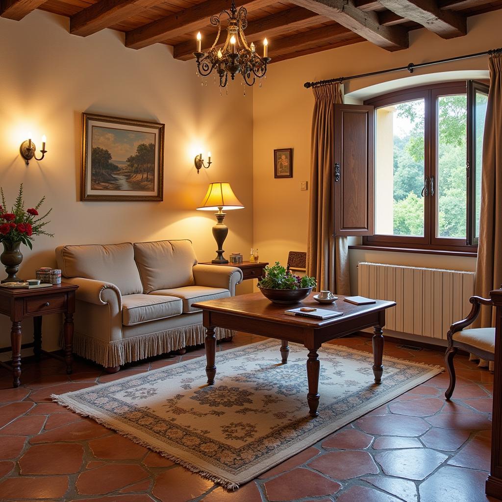 A smiling Spanish woman stands at the doorway of a charming home, gesturing warmly towards a guest with luggage.