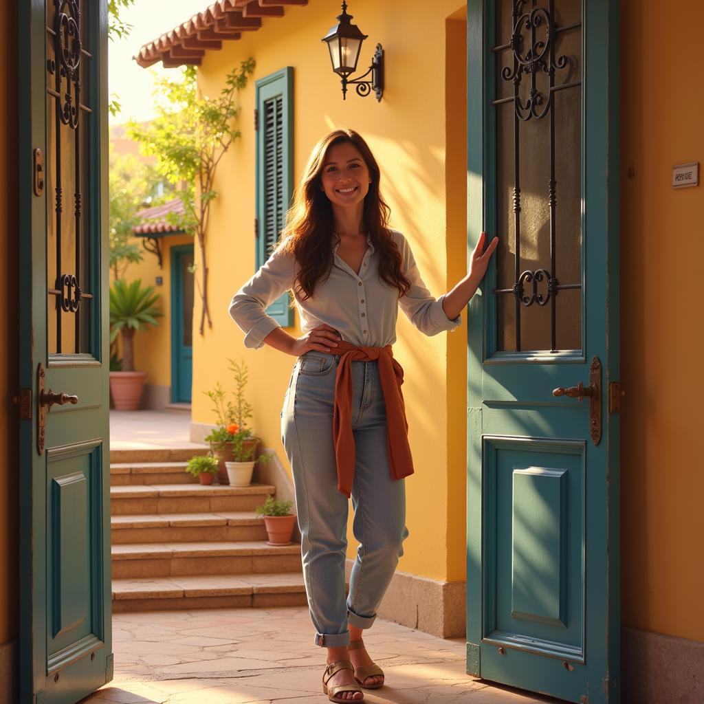 A Spanish host warmly welcoming a guest into their home