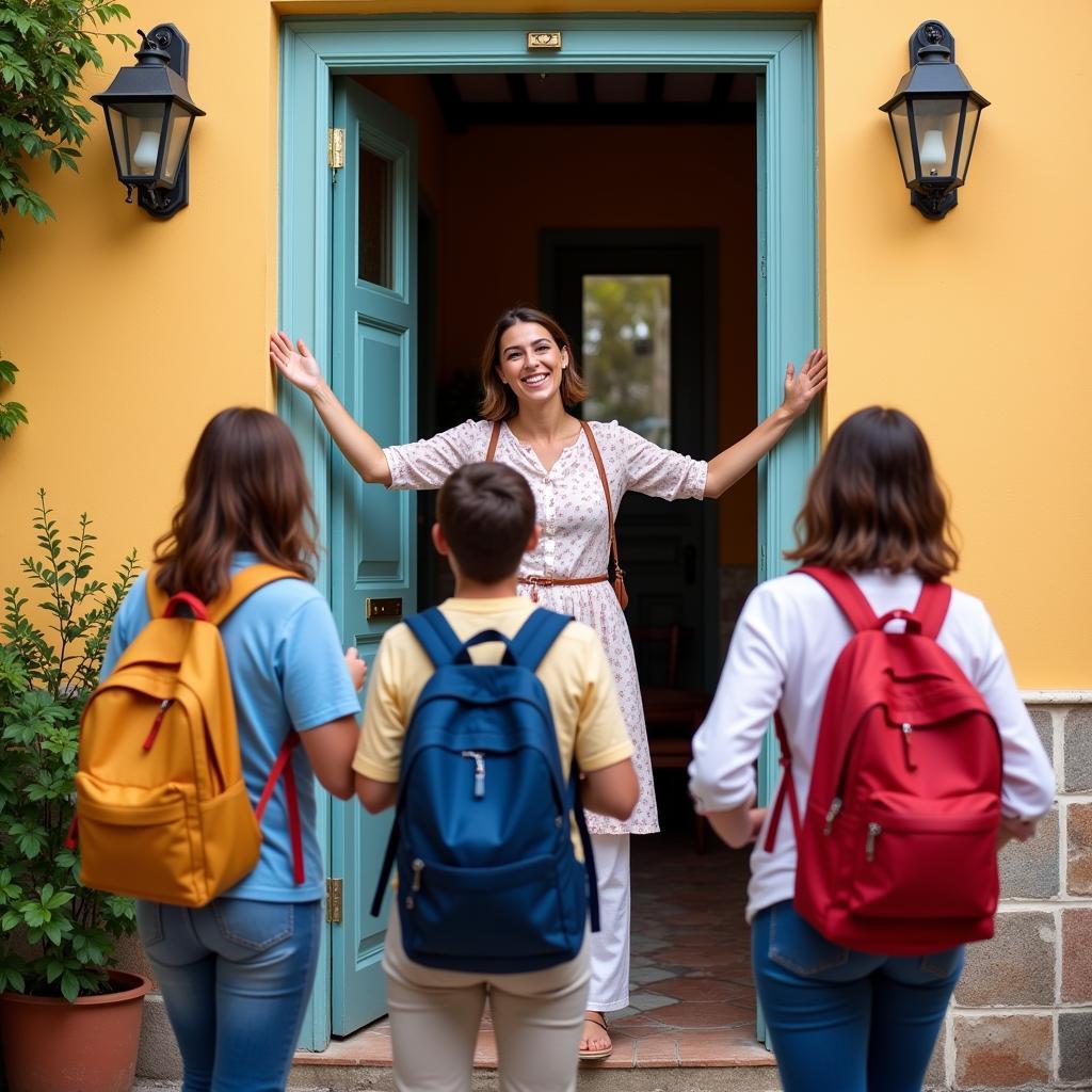 A Spanish host warmly welcomes guests to her homestay