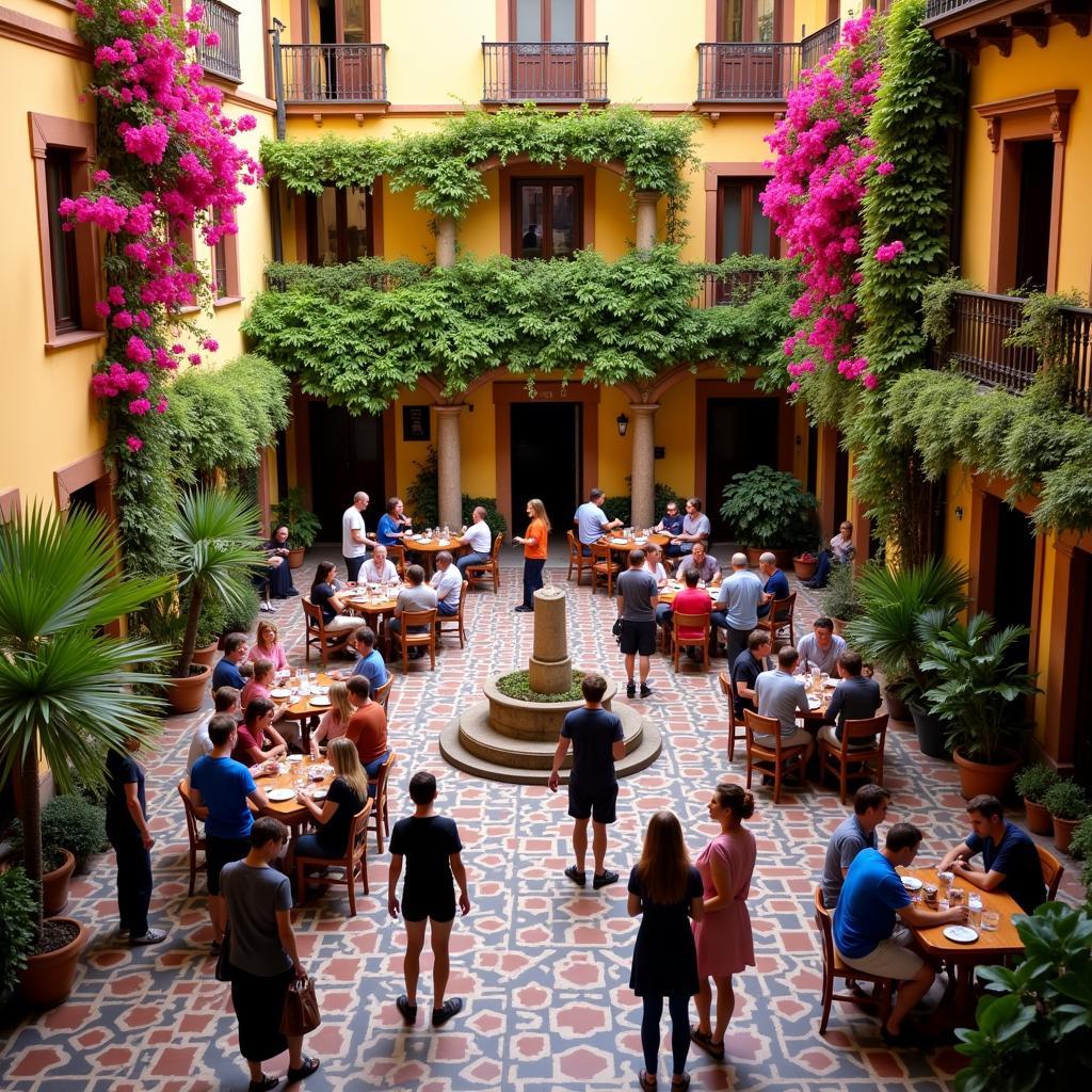 Lively courtyard of a Spanish hostel filled with travellers