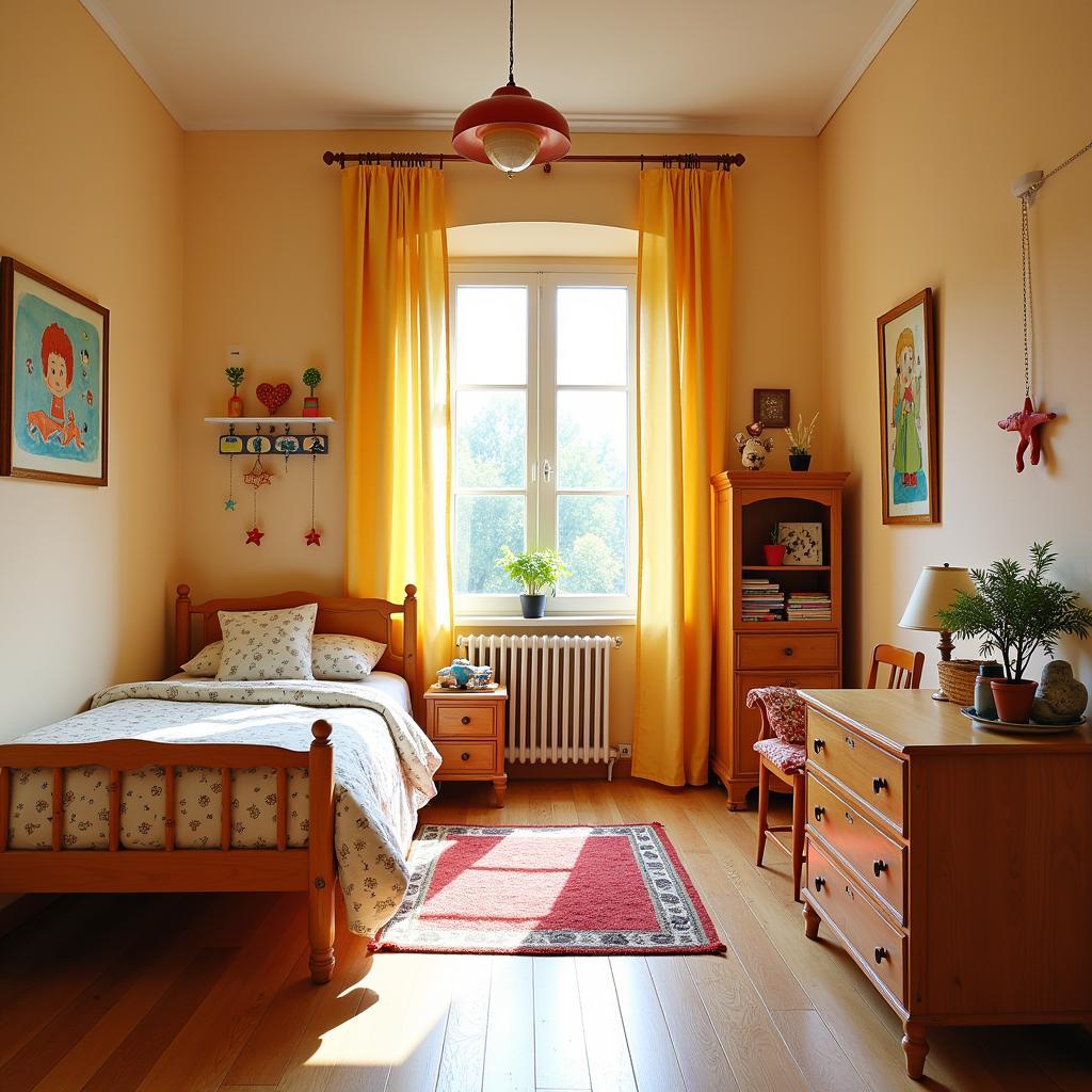 A sunny and cheerful children's room in a Spanish home, featuring curtains with whimsical tiradores infantiles