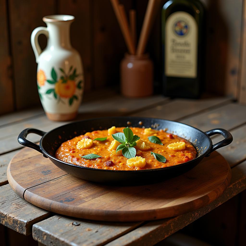 Paella Pan and Olive Oil Set on a Rustic Table