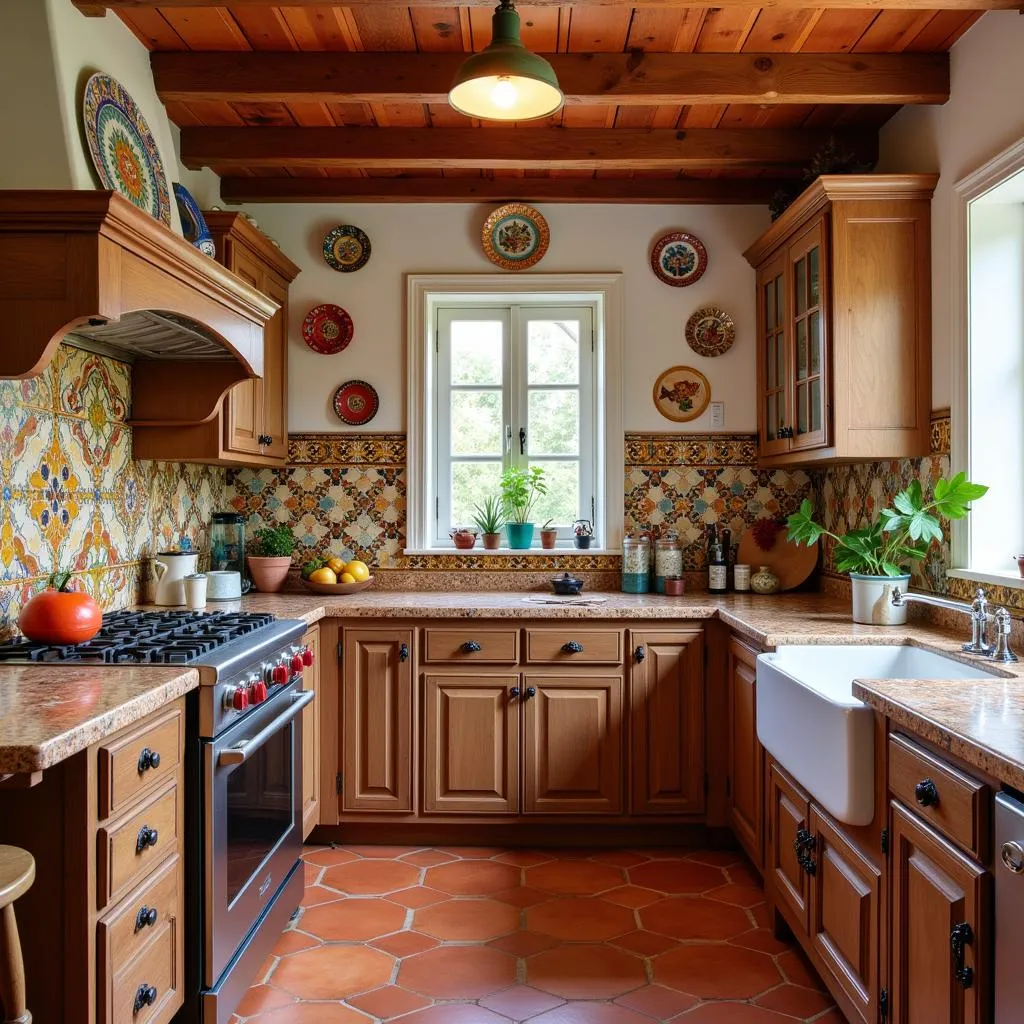 Spanish Kitchen with Terracotta Tiles and Ceramic Plates