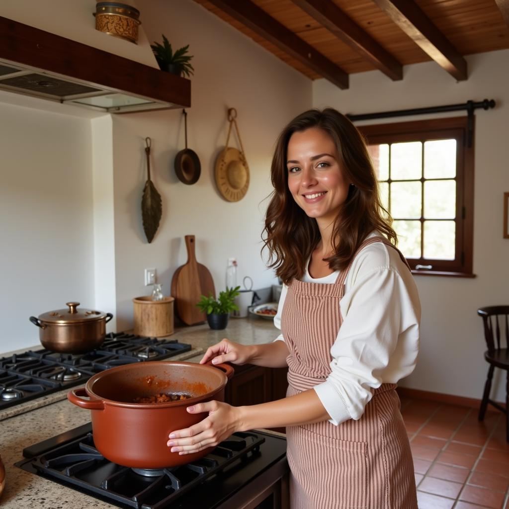 A woman wearing a Zara Home apron in a traditional Spanish kitchen