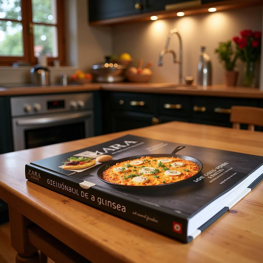 A rustic Spanish kitchen with a Zara Home cookbook prominently displayed