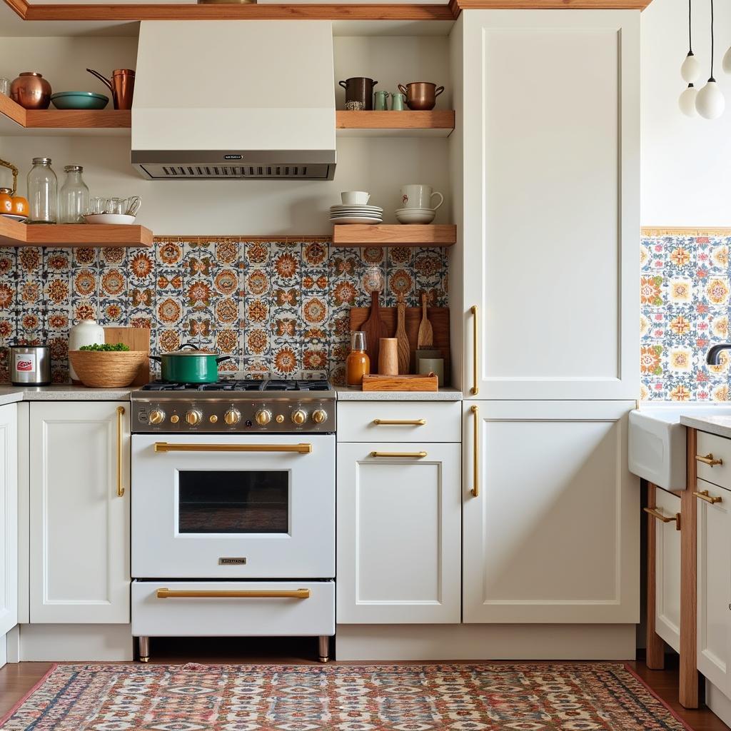 A bright and airy Spanish kitchen with traditional tilework and modern appliances, featuring stylish cookware and accessories from Zara Home.