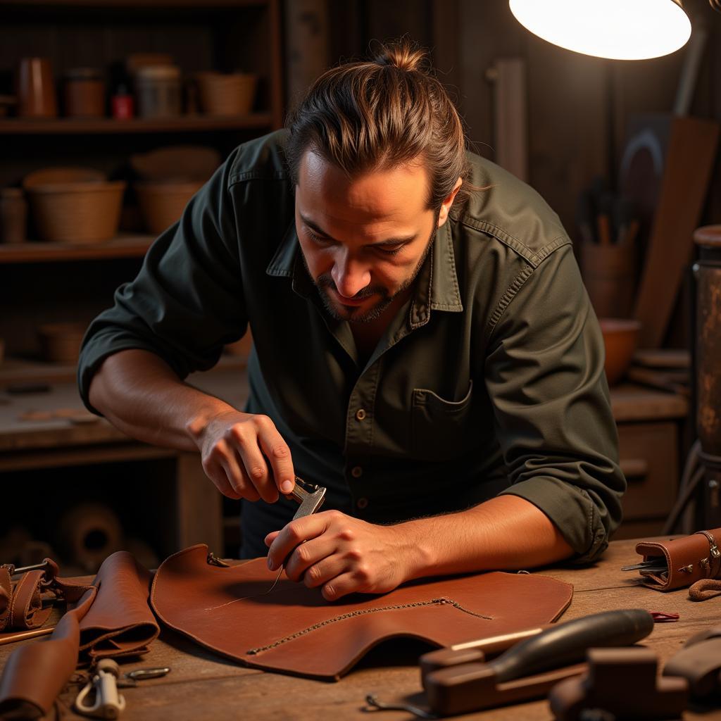 Spanish leather worker meticulously crafting