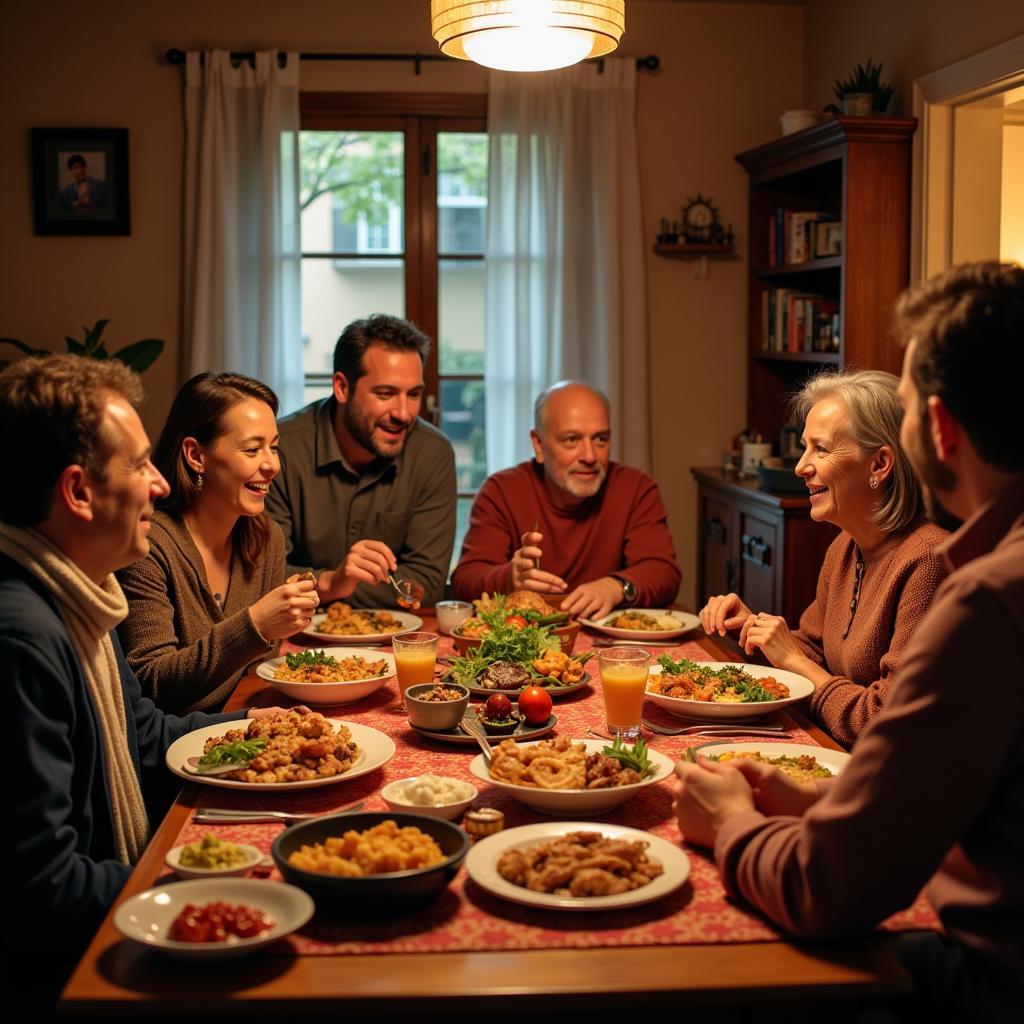 Family enjoying a meal together in a Spanish home